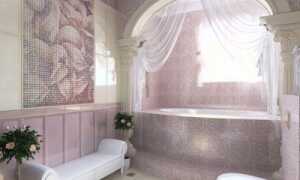 Ванная с окном в классическом стиле, светло-розового цвета