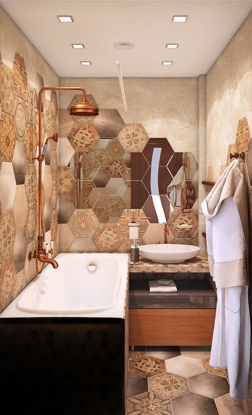 Бежево-коричневая ванная в этническом стиле