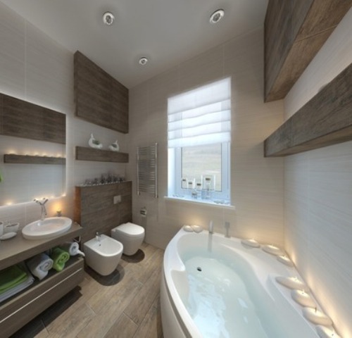 Белая ванная с деревянными вставками