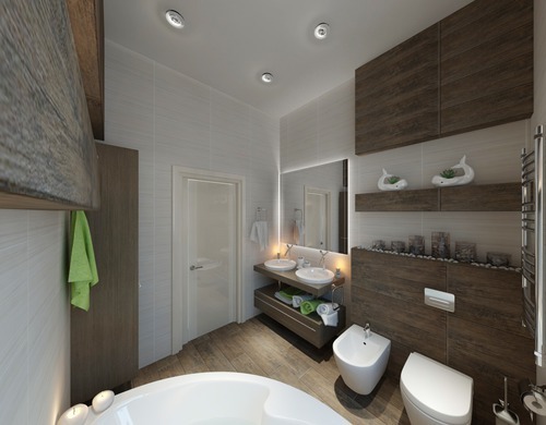 Белая ванная с деревянными вставками