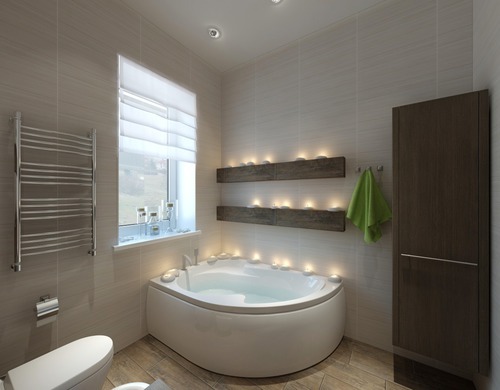 Белая ванная с деревянными вставками