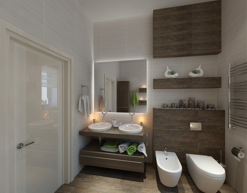 Белая ванная с деревянными вставками