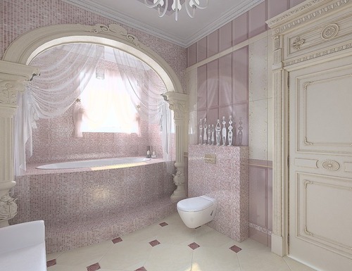 Ванная с окном в классическом стиле, светло-розового цвета