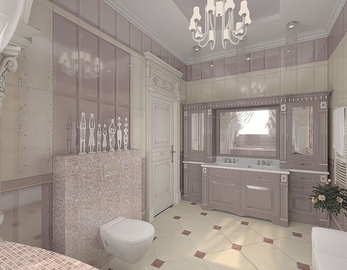 Ванная с окном в классическом стиле, светло-розового цвета